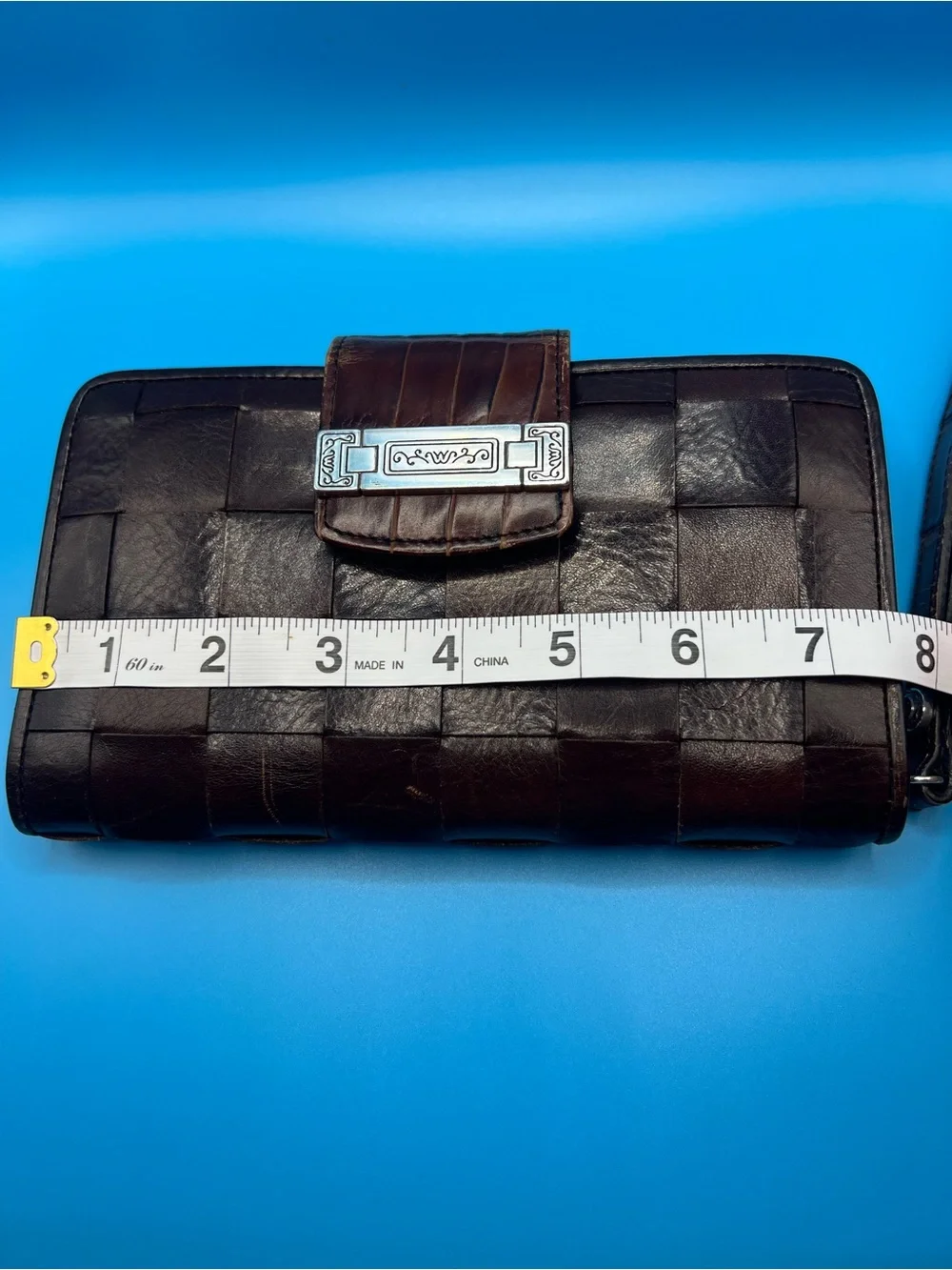 VTG Brighton Giverny Chocolate Brown Leather Basket Weave Wallet Clutch